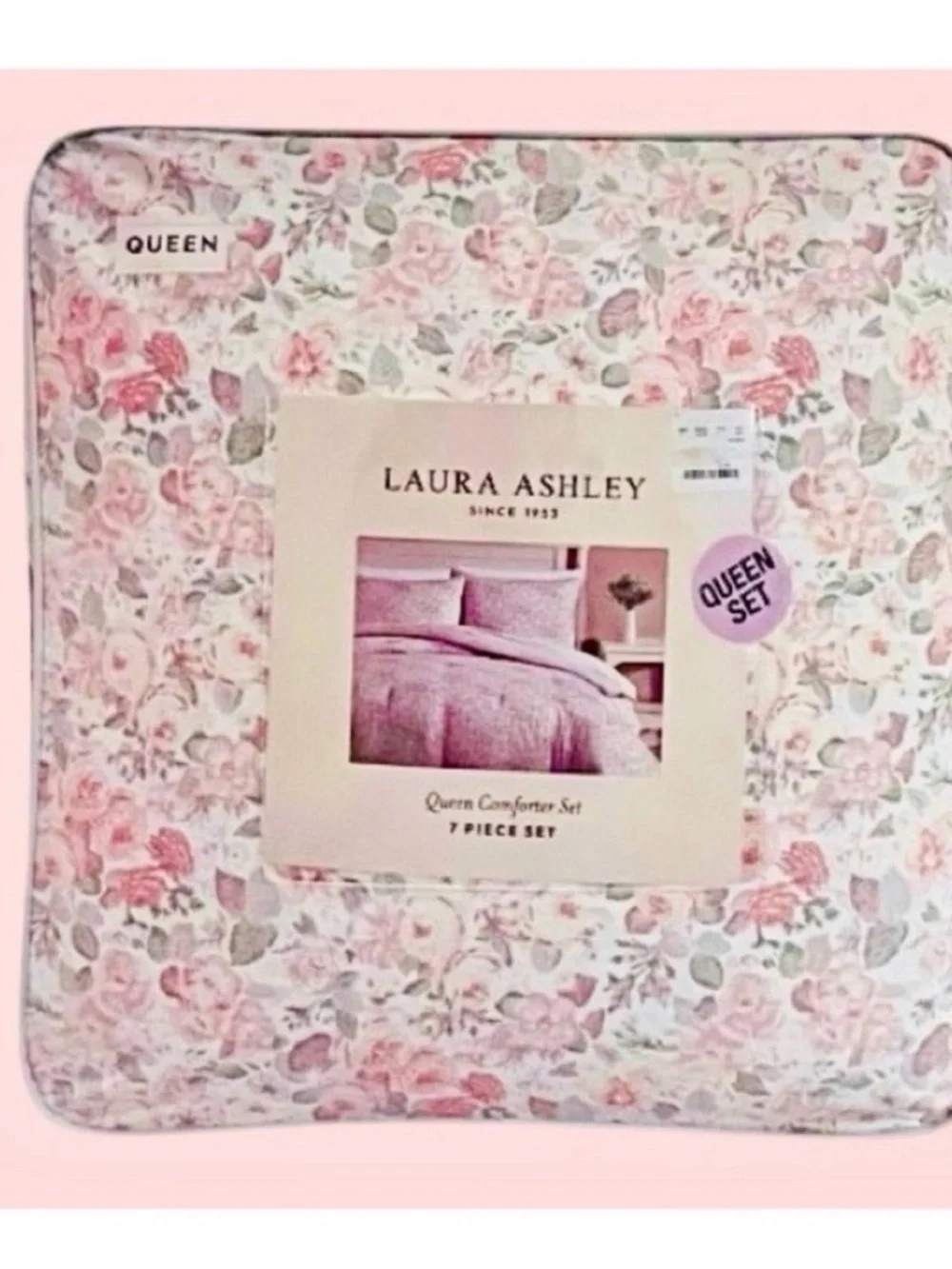 🆕-Laura Ashley Charming 7pc Queen Comforter Set in Pink Floral. Beautiful